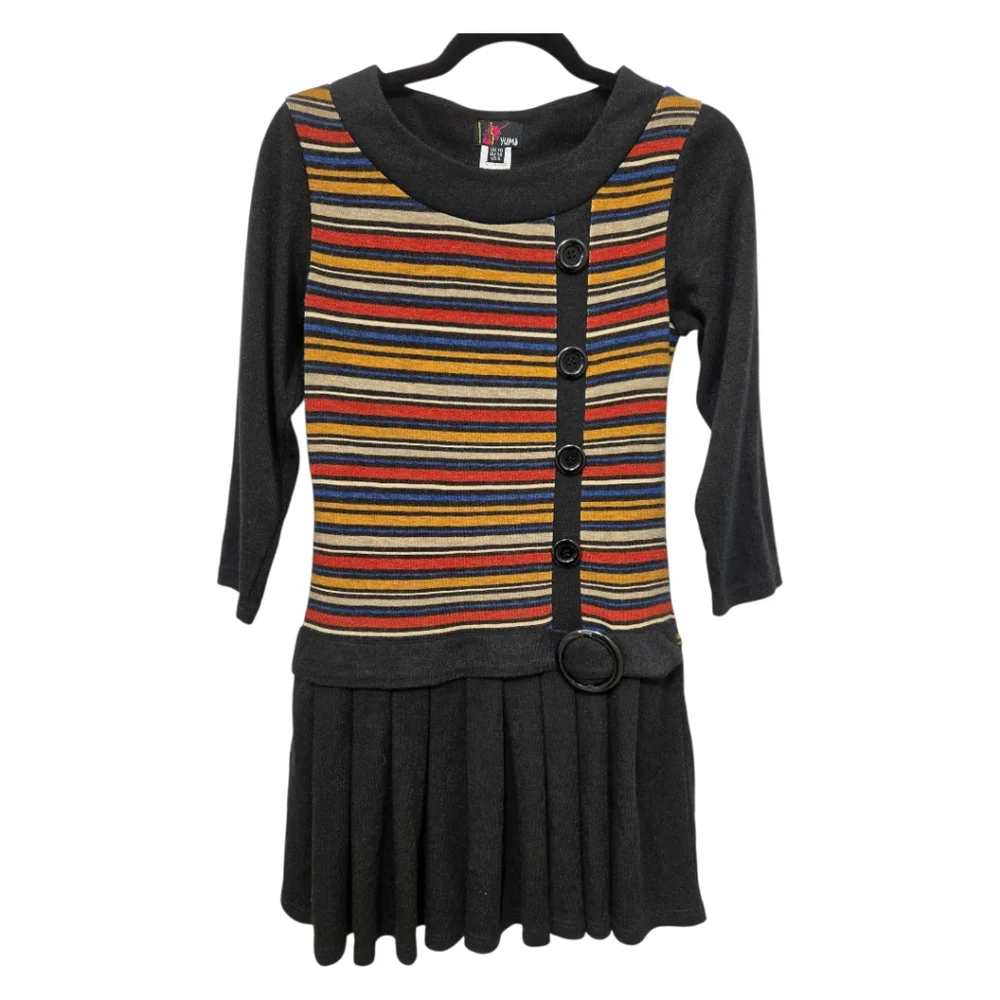 Yumi London Mod Stripe Knit Pleated Mini Sweater Dress Size 6 With 3/4 Sleeves - Picture 3 of 14